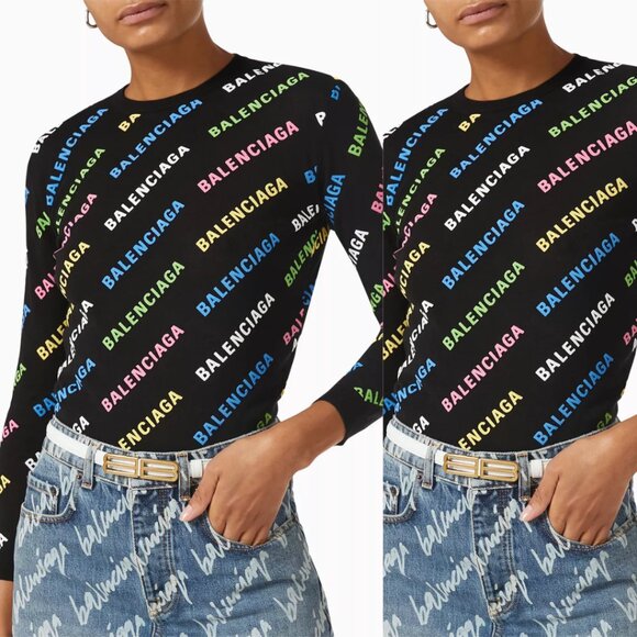 NWT Balenciaga Allover Logo Sweater Black Multicolor Print Cotton Puff Ink Knit - Picture 1 of 10